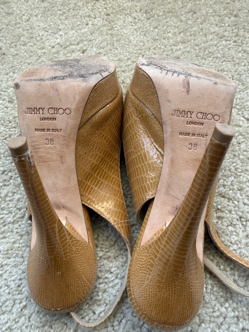 Jimmy Choo Tan Croc-Embossed Peep-Toe Slingback Heels - Picture 4 of 4